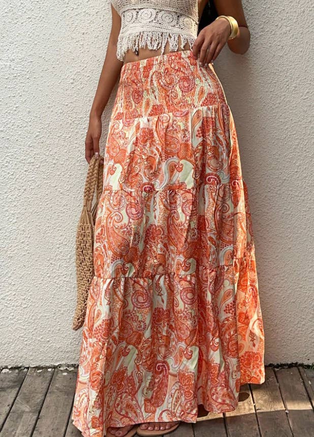 Beach Boho Floral Paisley Smocked Waistband Maxi Skirt