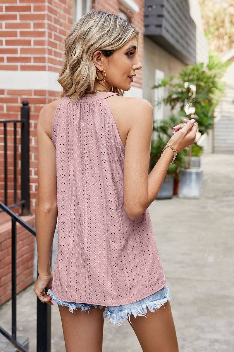 WOMEN TRENDY EYELET HALTER T SHIRTS_CWTTSL0172