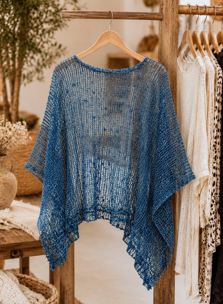 JC063501 Boho Open Knit Shimmer Poncho Top | Lightweight Cover-Up