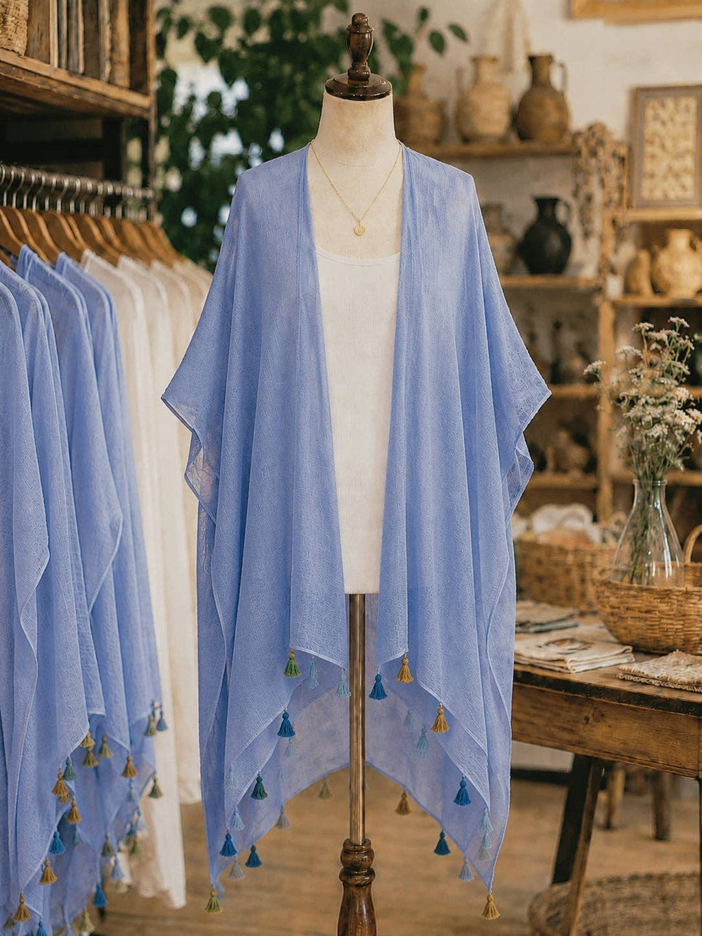 JC062614 Bohemian Stonewashed Cotton Kimono Wrap with Handmade Tassels