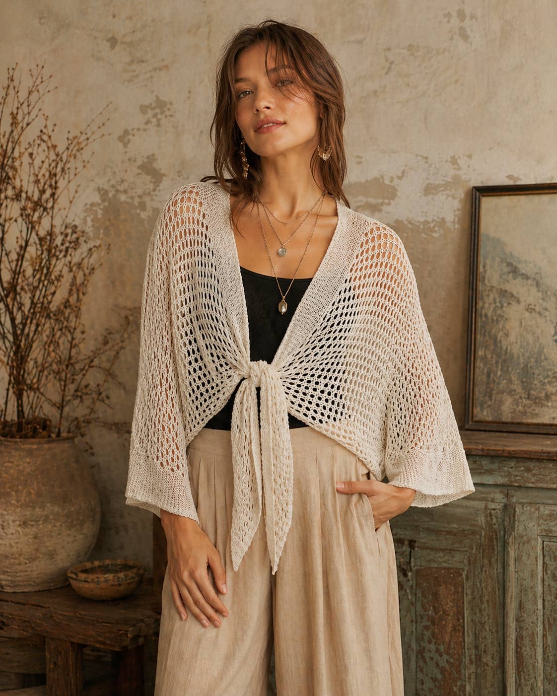 Eyelet Open-Knit cover up Cardigan with Front Tie