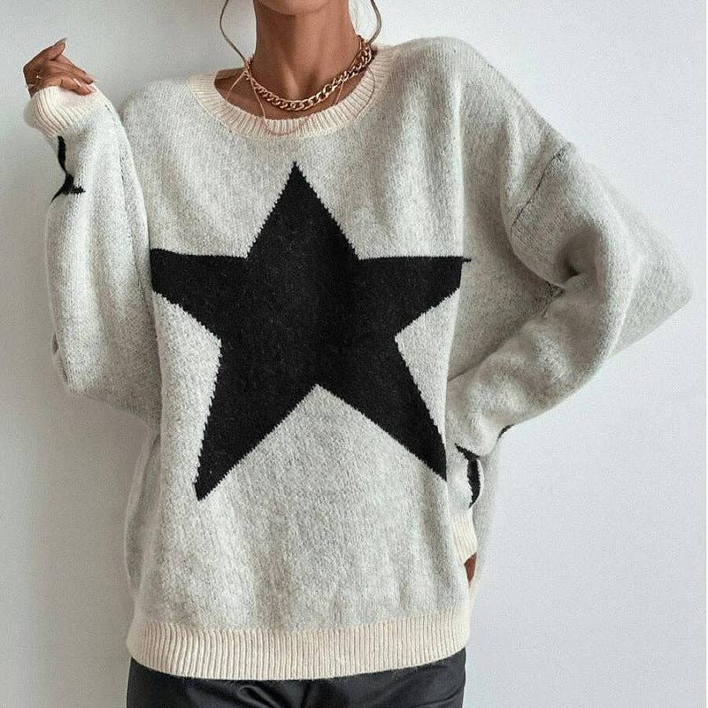 Round Neck Star Jacquard Pullover Sweater DPT1427