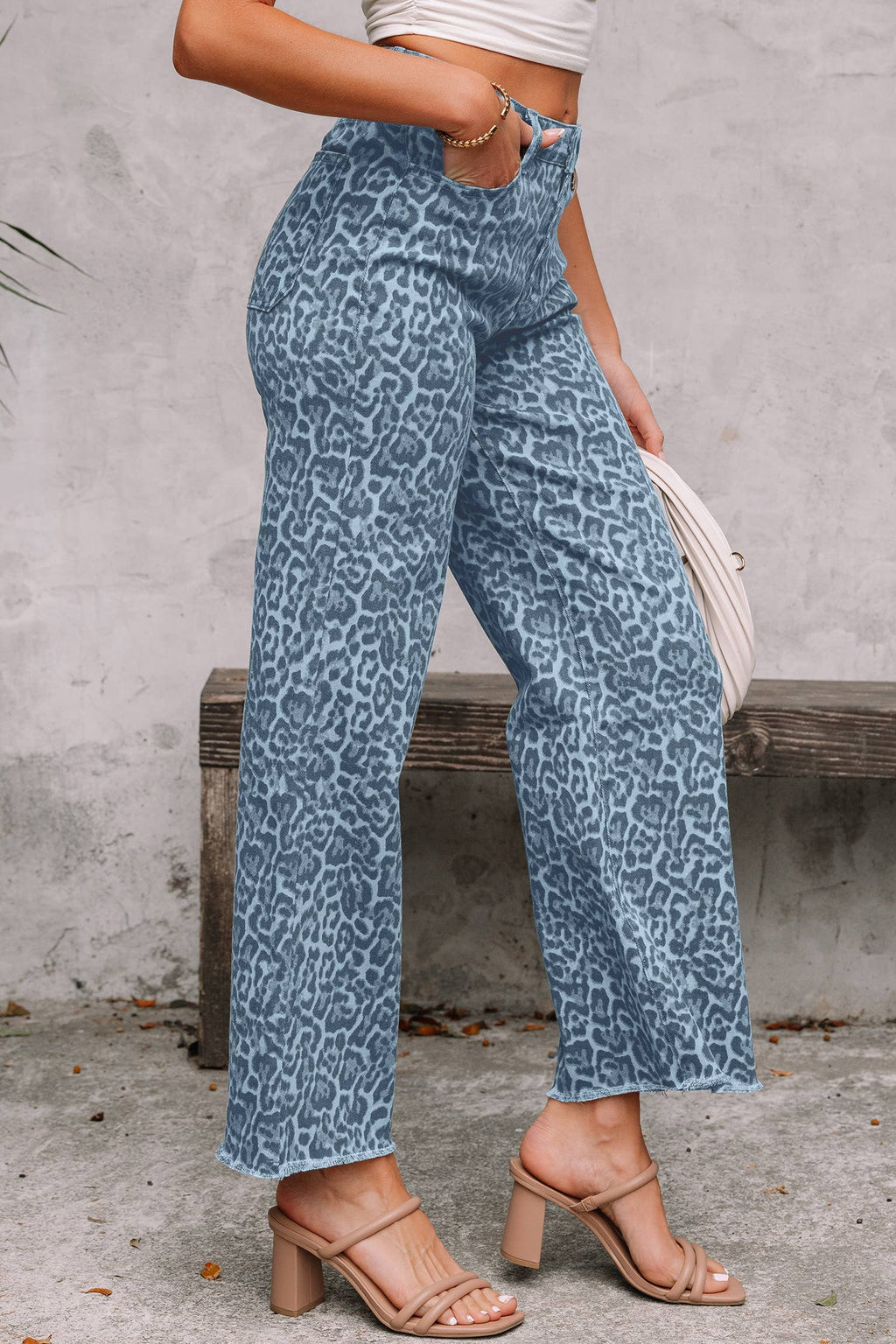 Leopard /Polka Dot Frayed Edge Wide Leg High Waist Jeans