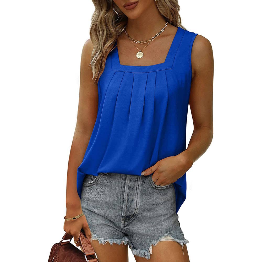 Pleated Square Neck Sleeveless High Low Casual Tank Top