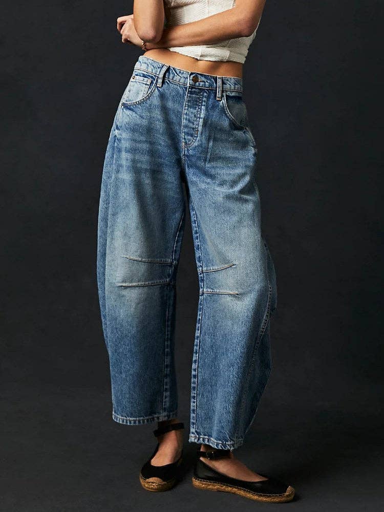 Washed White Mid Rise Loose Barrel Jeans