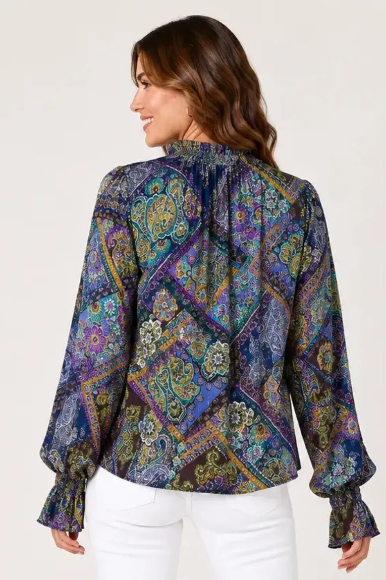 Floral Lurex Tie Front Blouse