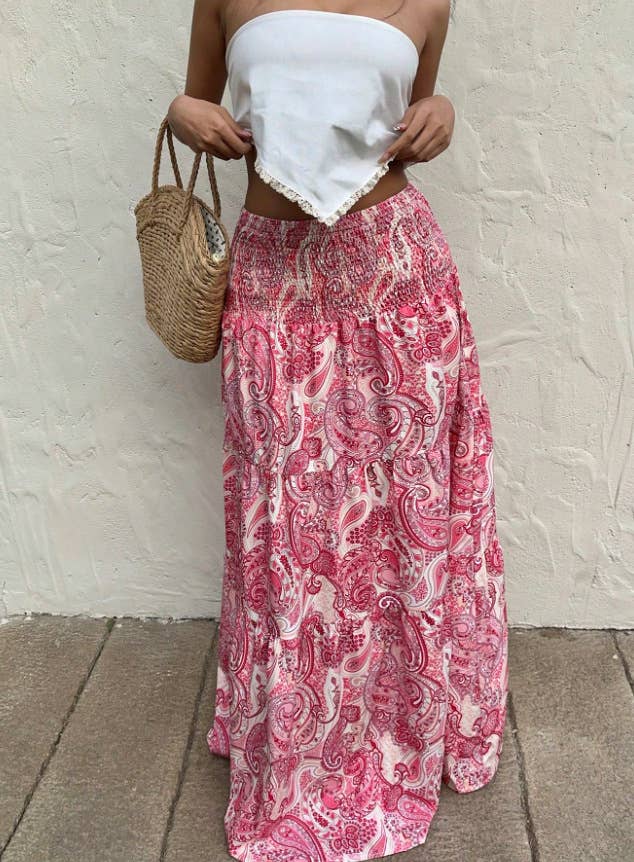 Beach Boho Floral Paisley Smocked Waistband Maxi Skirt