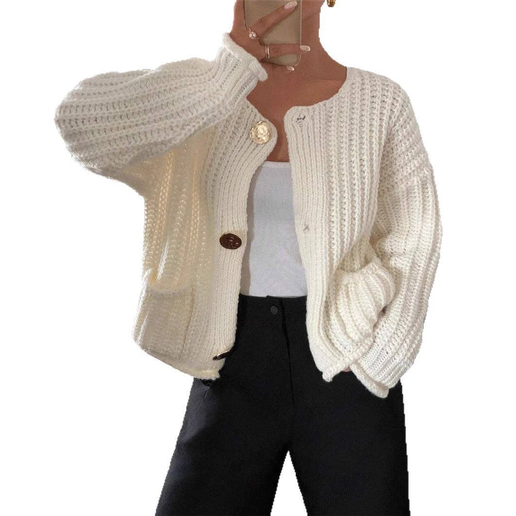 Round Neck Loose Long Sleeve Knit Cardigan MK2BLW6W1SCD17