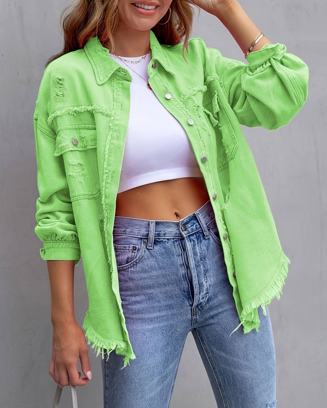 Ripped Long-Sleeved Denim Jacket