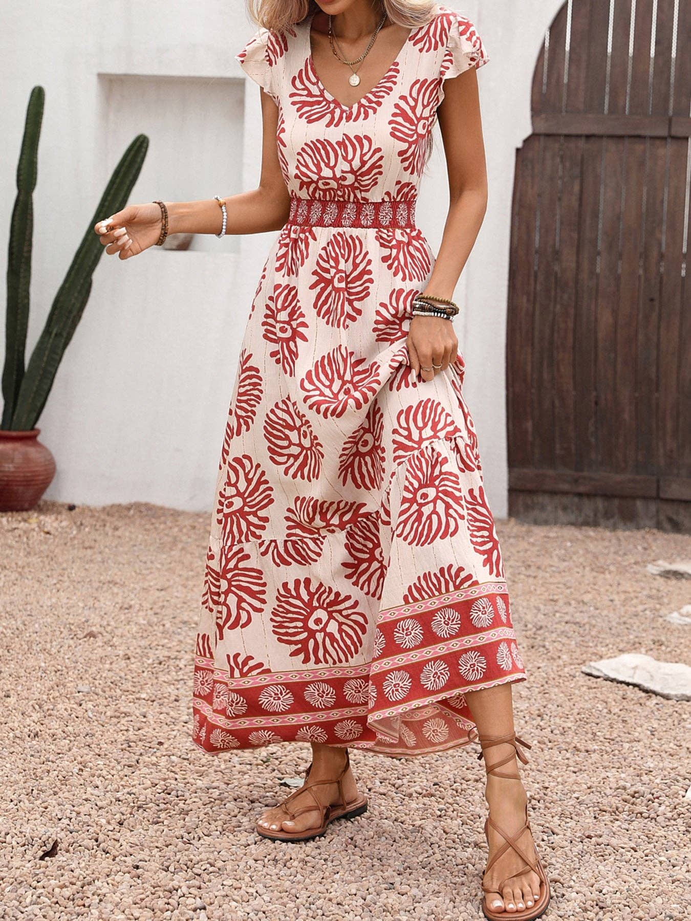 Boho Leather Pink Print V Neck Flutter Sleeve Maxi Dress