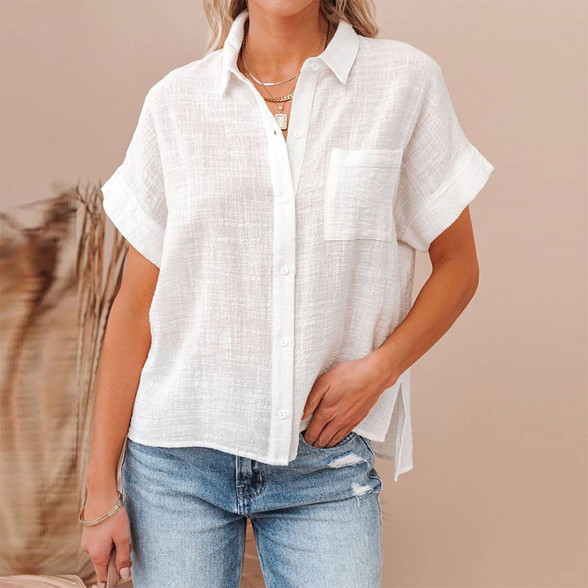 Lapel solid color casual cotton linen shirt