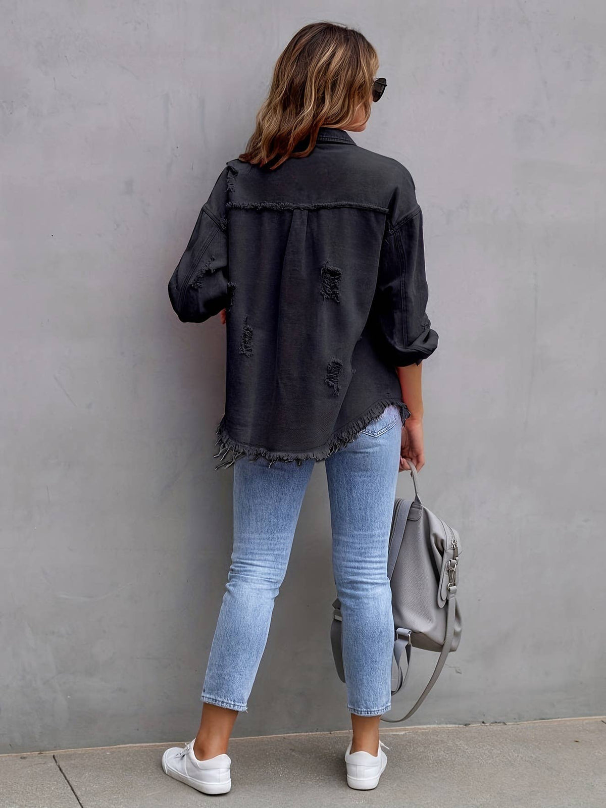 Ripped Long-Sleeved Denim Jacket
