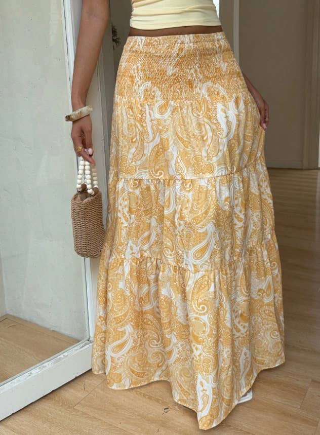 Beach Boho Floral Paisley Smocked Waistband Maxi Skirt