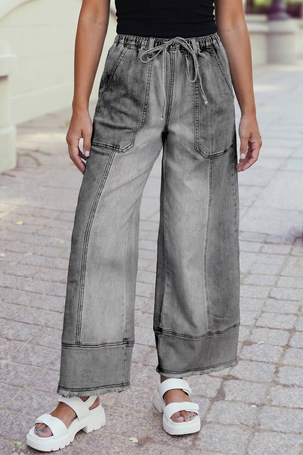 Drawstring Seam Detail Raw Hem Wide Leg Denim Pants