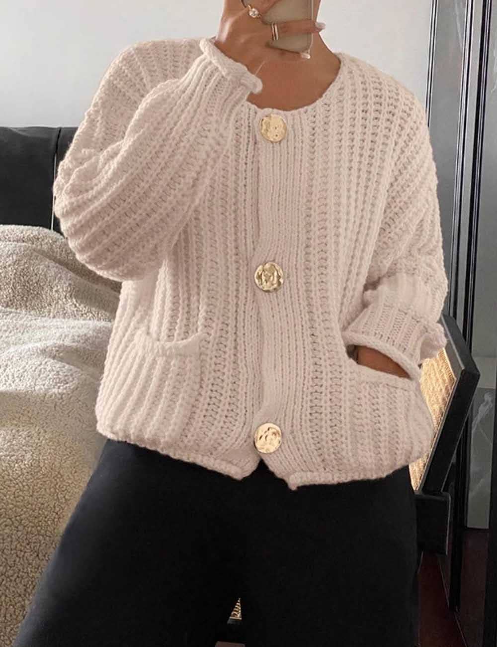 Round Neck Loose Long Sleeve Knit Cardigan MK2BLW6W1SCD17