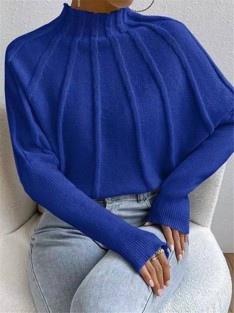Wide Ribbed Mock neck Batwing Sleeve knit sweater