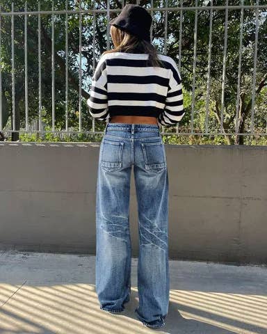 Loose high-waisted wide-leg straight-leg pants
