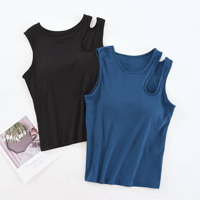 Shoulder cutout round neck rib knit built-in bra tank top