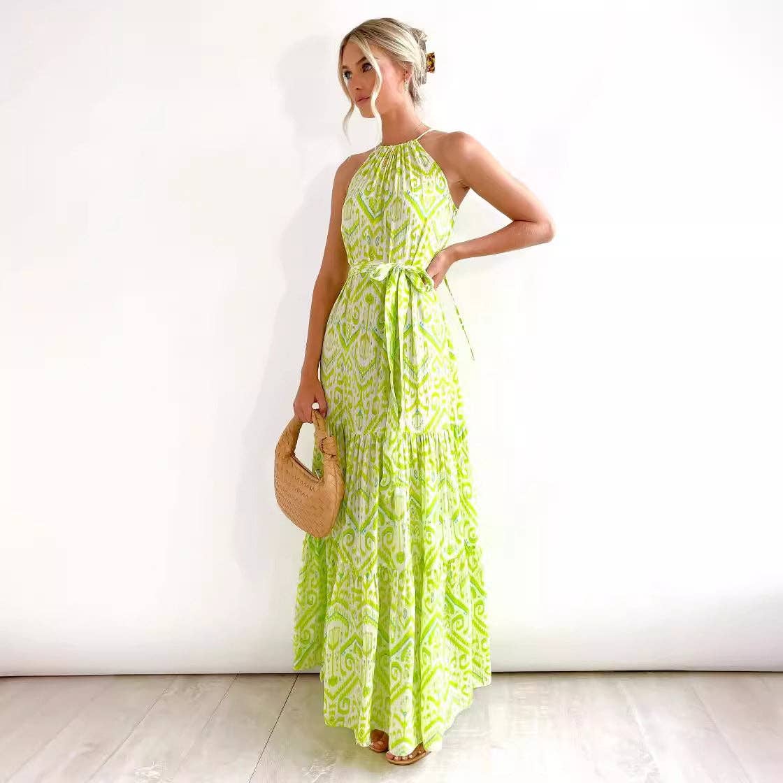 Women High Waist Beach Print Halter Dress