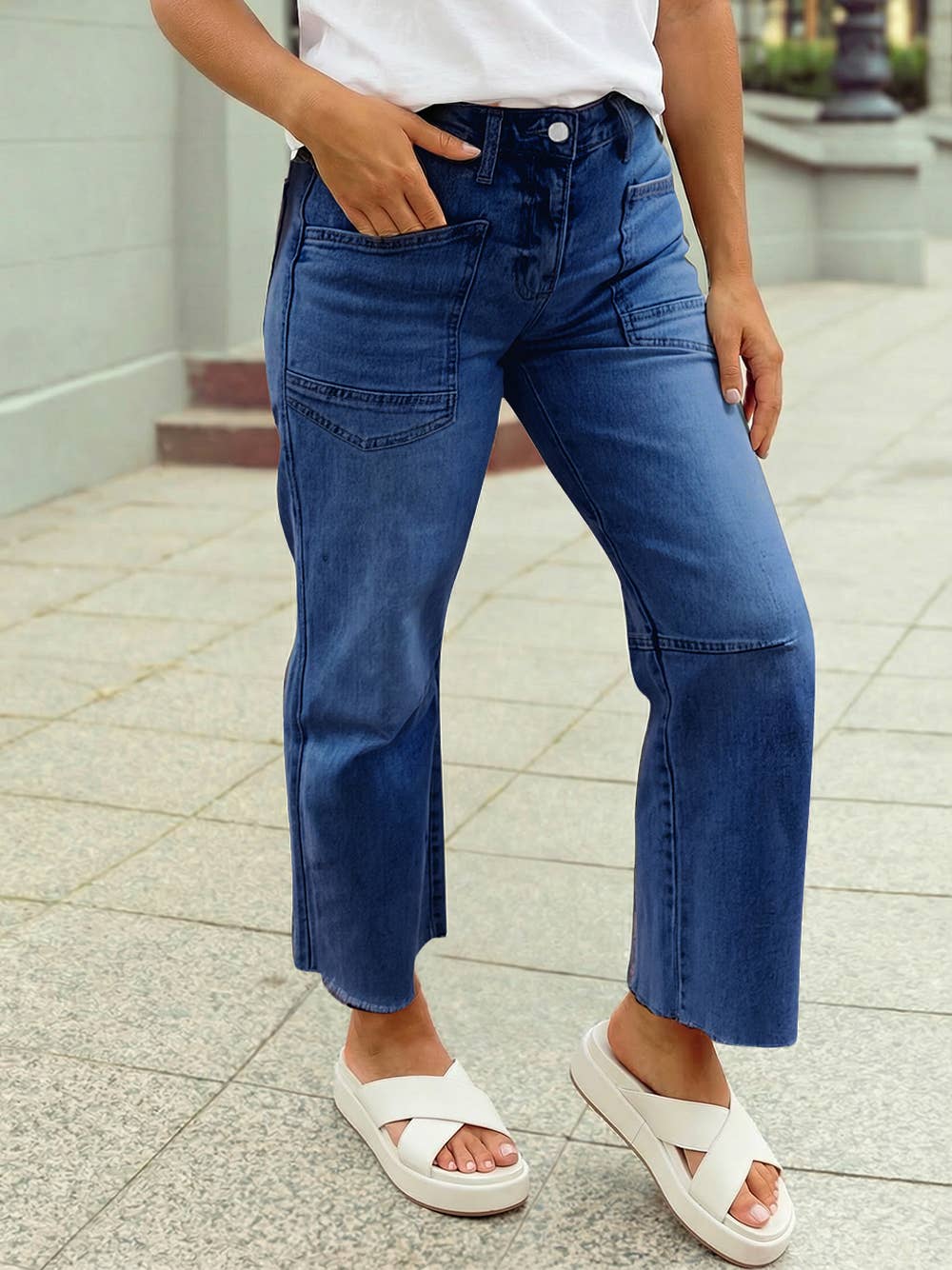 Solid Frayed Regular Cropped Light Wash Denim Jeans 4-4X