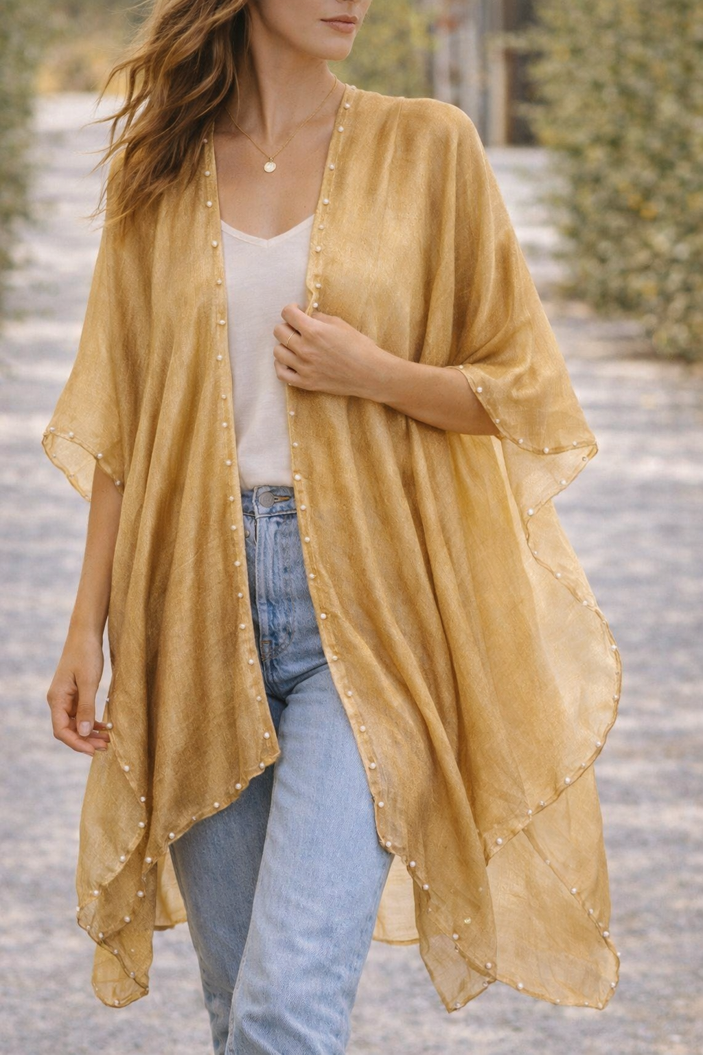 JC062557 Airy Pearl-Trim Silk-Blend Layering Kimono Cover-Up