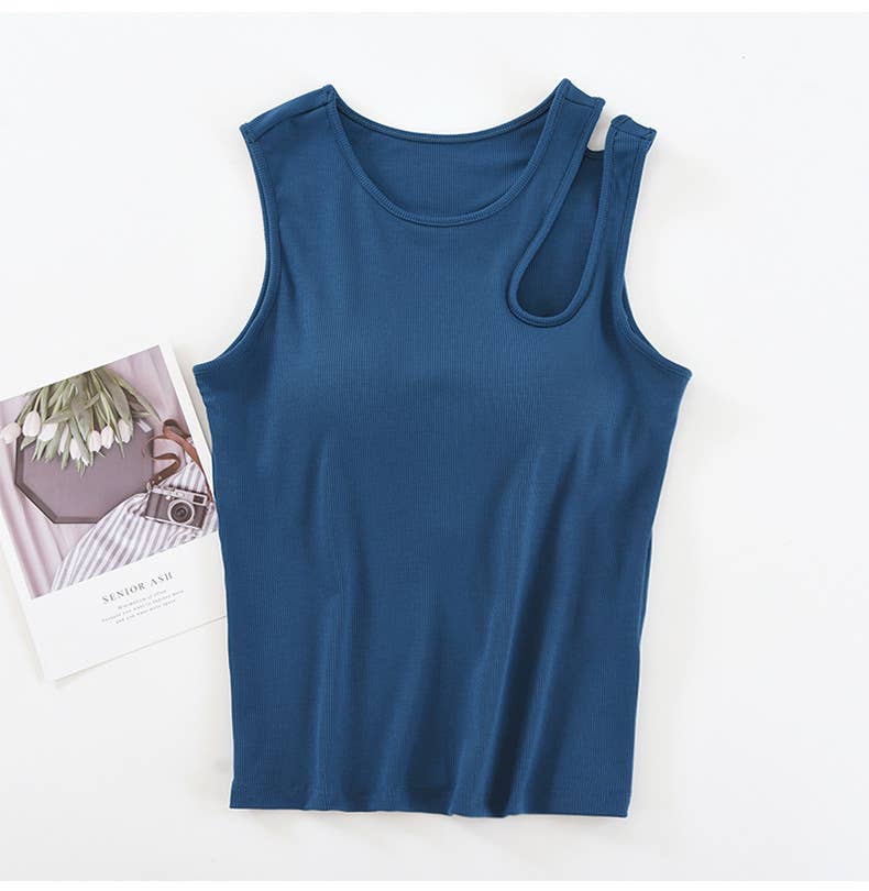 Shoulder cutout round neck rib knit built-in bra tank top