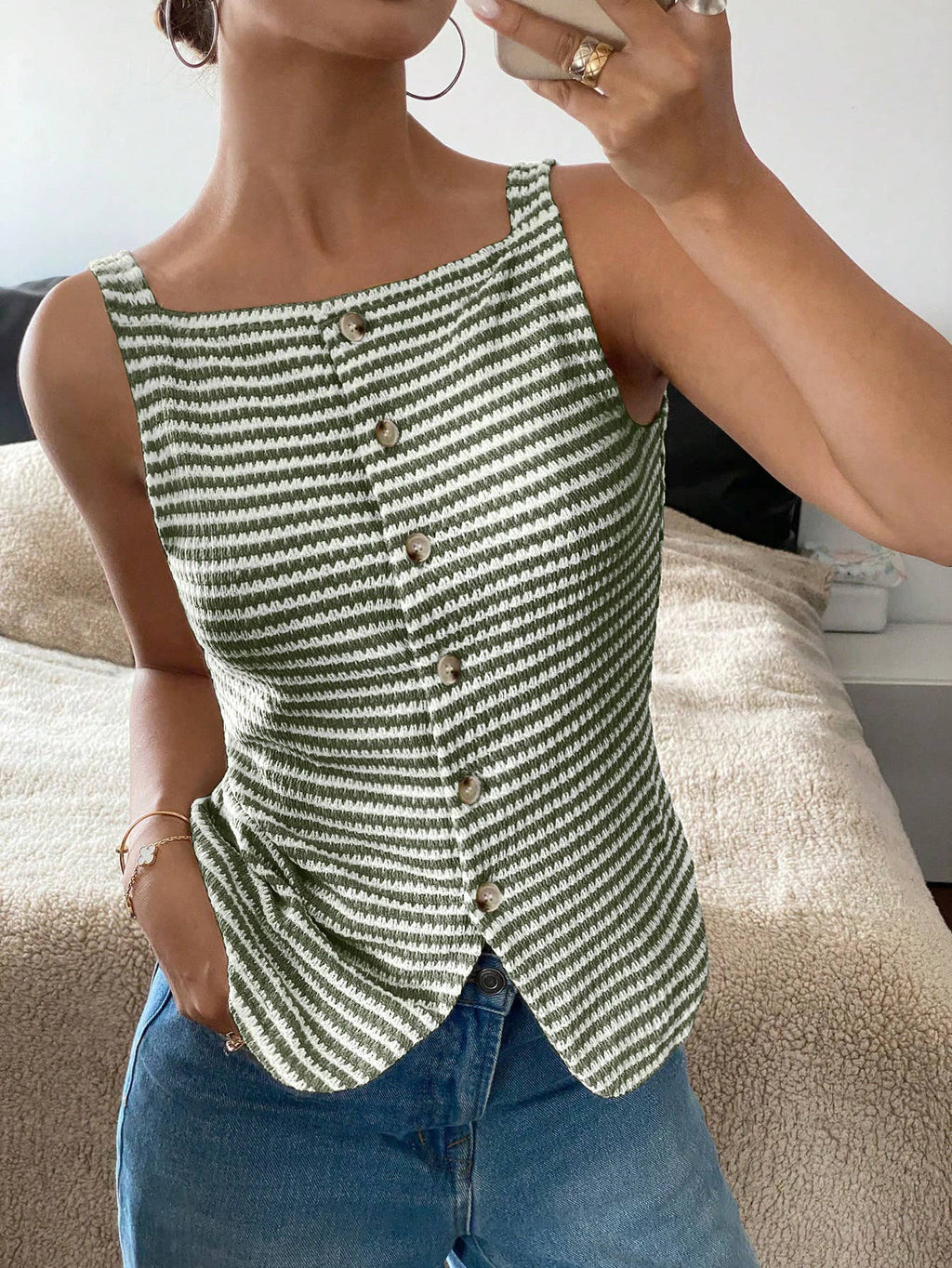 Button-Front Sleeveless Tank Top