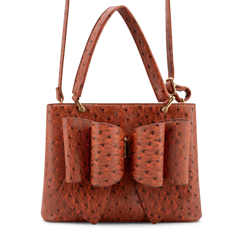 Vegan Leather Remi Embossed Bow Satchel Bag –Ostrich Print