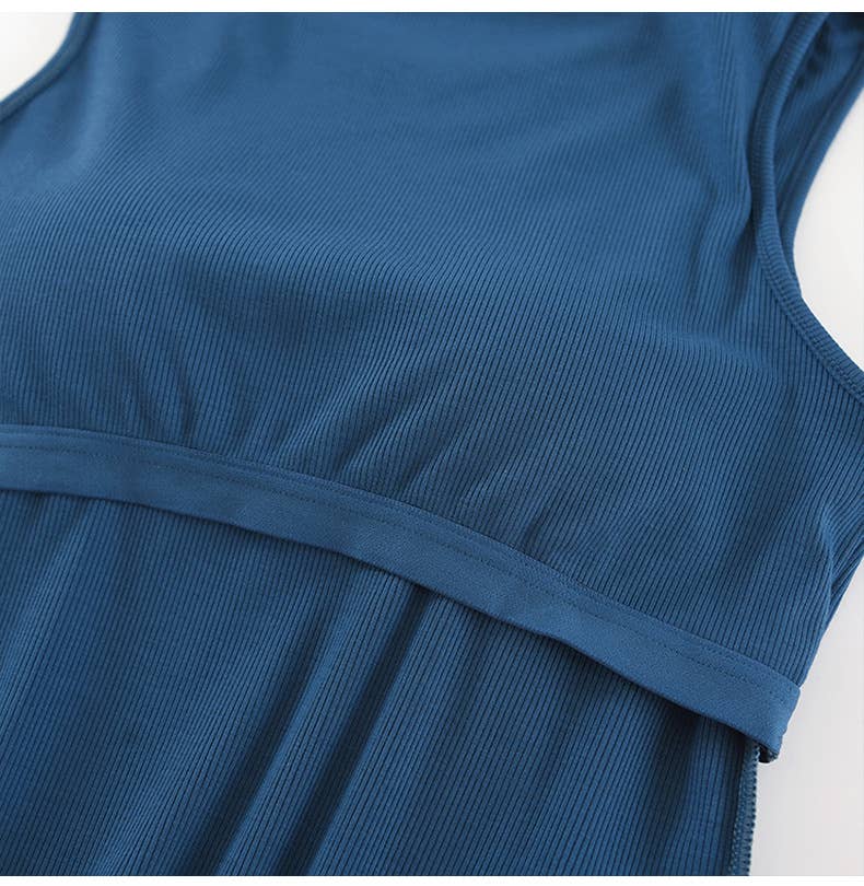 Shoulder cutout round neck rib knit built-in bra tank top