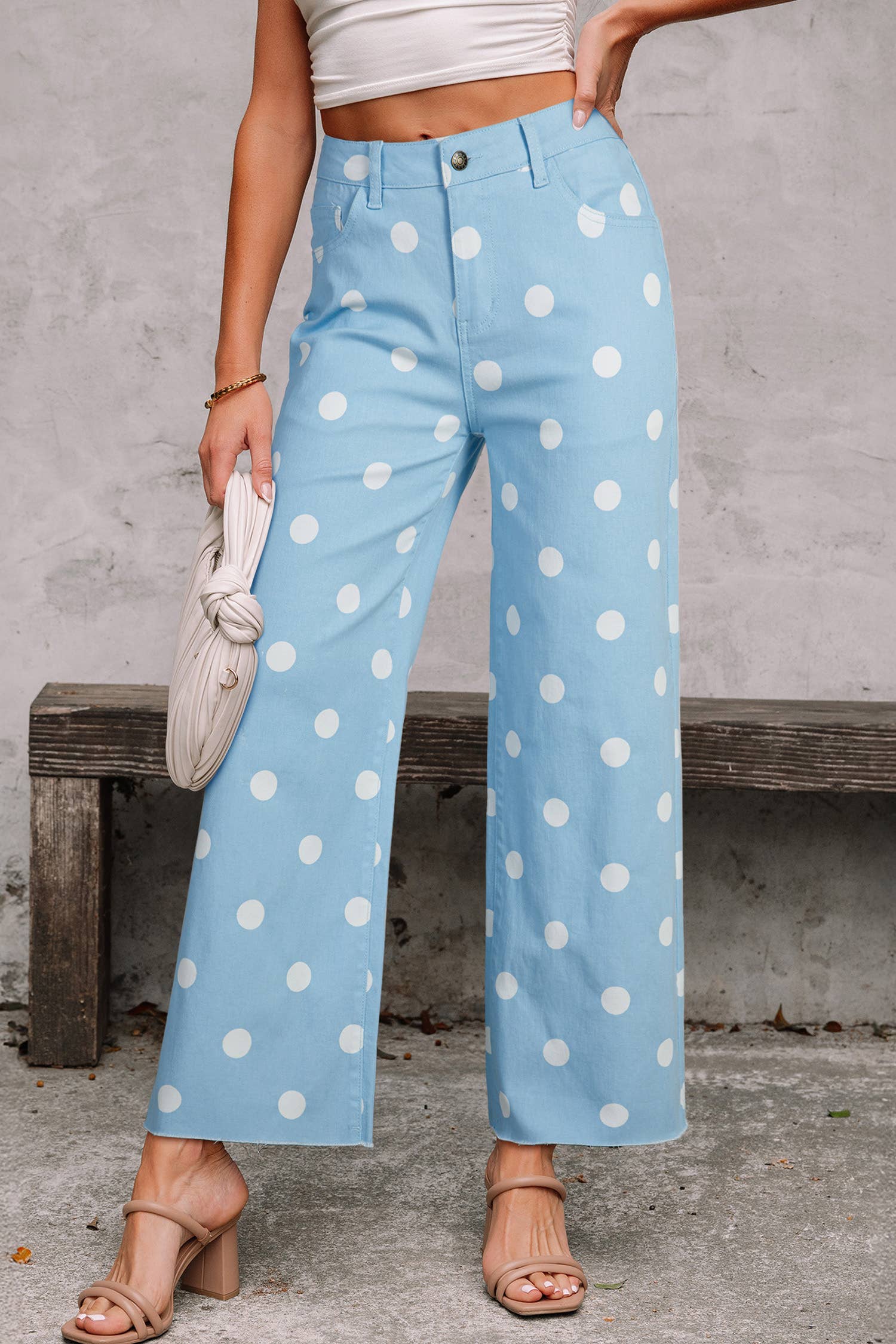 Leopard /Polka Dot Frayed Edge Wide Leg High Waist Jeans
