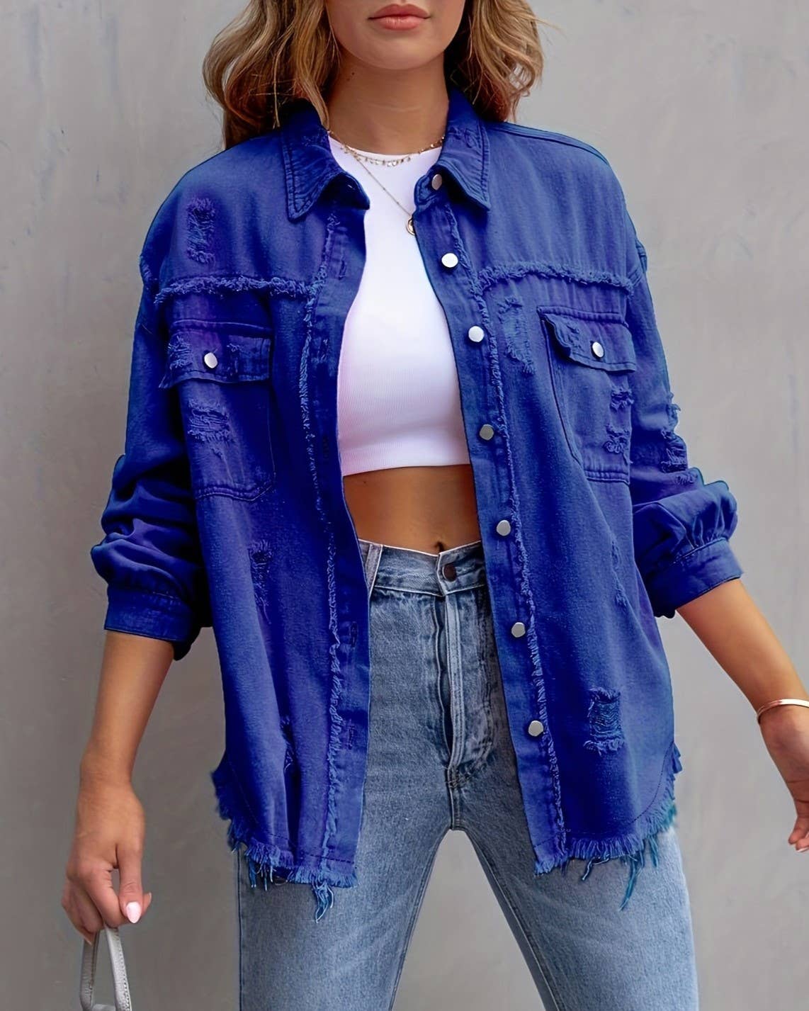Ripped Long-Sleeved Denim Jacket