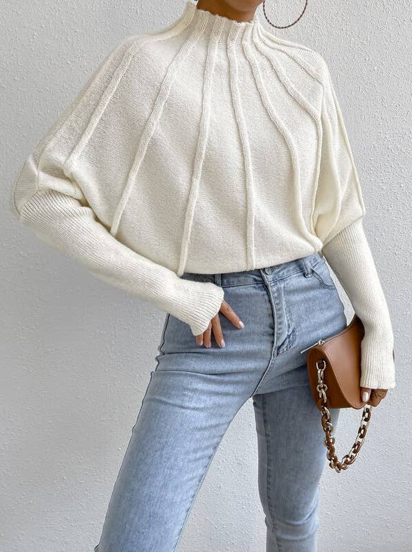 Wide Ribbed Mock neck Batwing Sleeve knit sweater