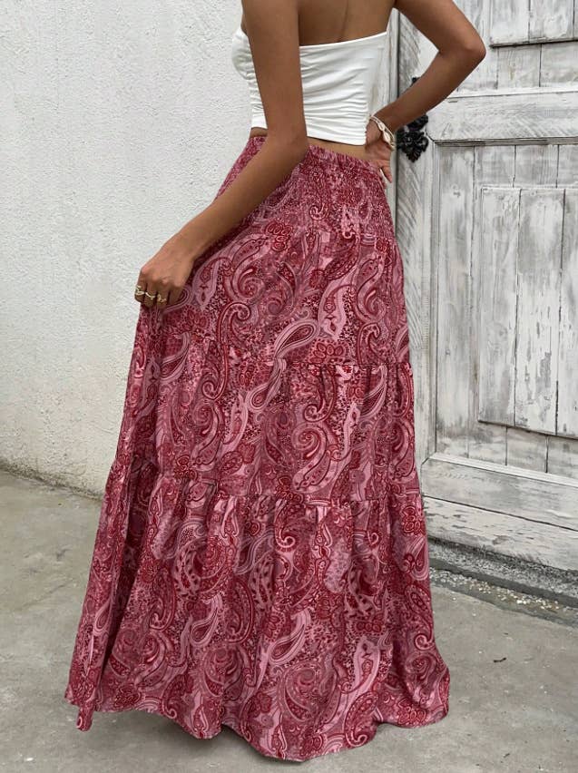 Beach Boho Floral Paisley Smocked Waistband Maxi Skirt