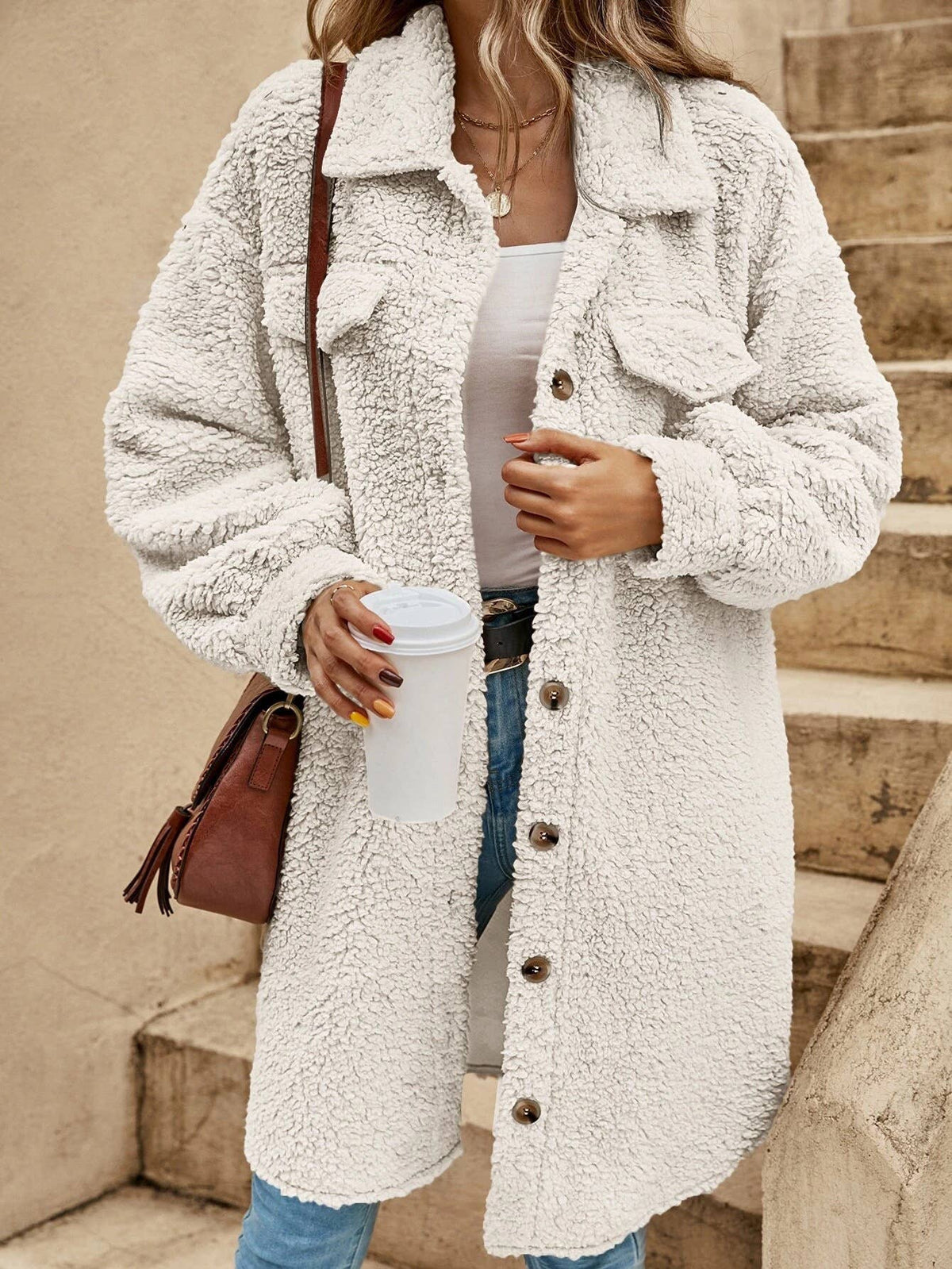 Women's Fleece Button-Front Cardigan Jacket with Pockets