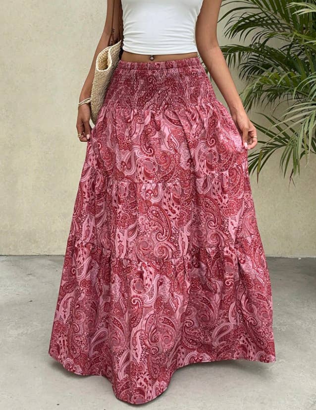 Beach Boho Floral Paisley Smocked Waistband Maxi Skirt