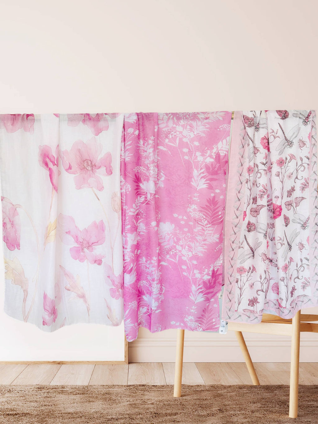 JC071195 White-Pink Floral Dragonfly Scarf/Shawl