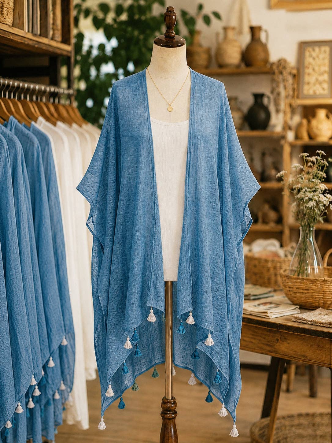 JC062614 Bohemian Stonewashed Cotton Kimono Wrap with Handmade Tassels