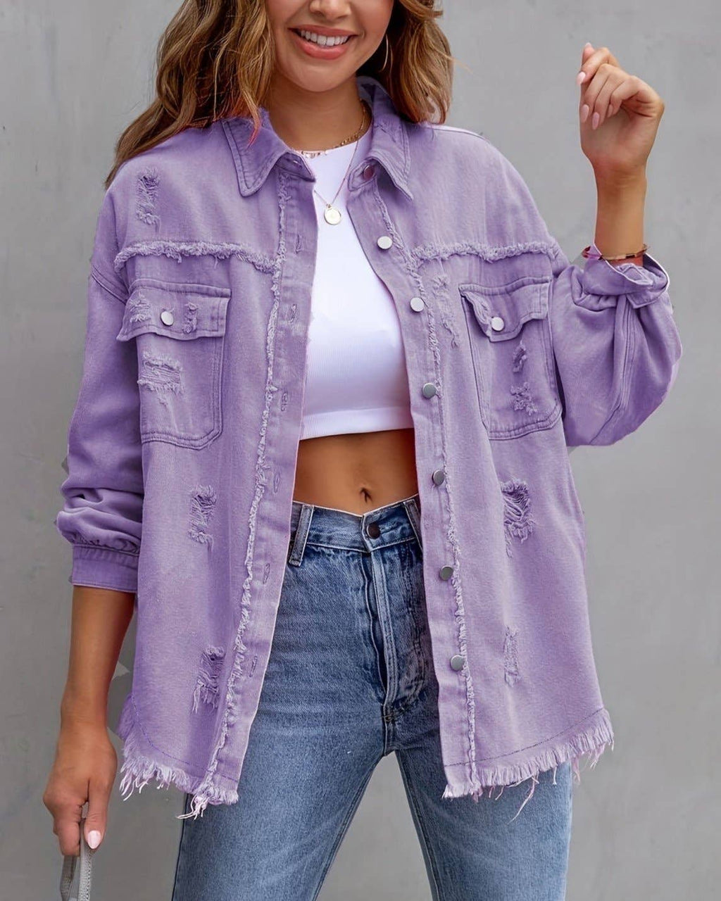 Ripped Long-Sleeved Denim Jacket