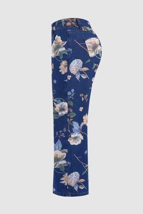 Floral printed blue jeans Straight Leg Long Pants