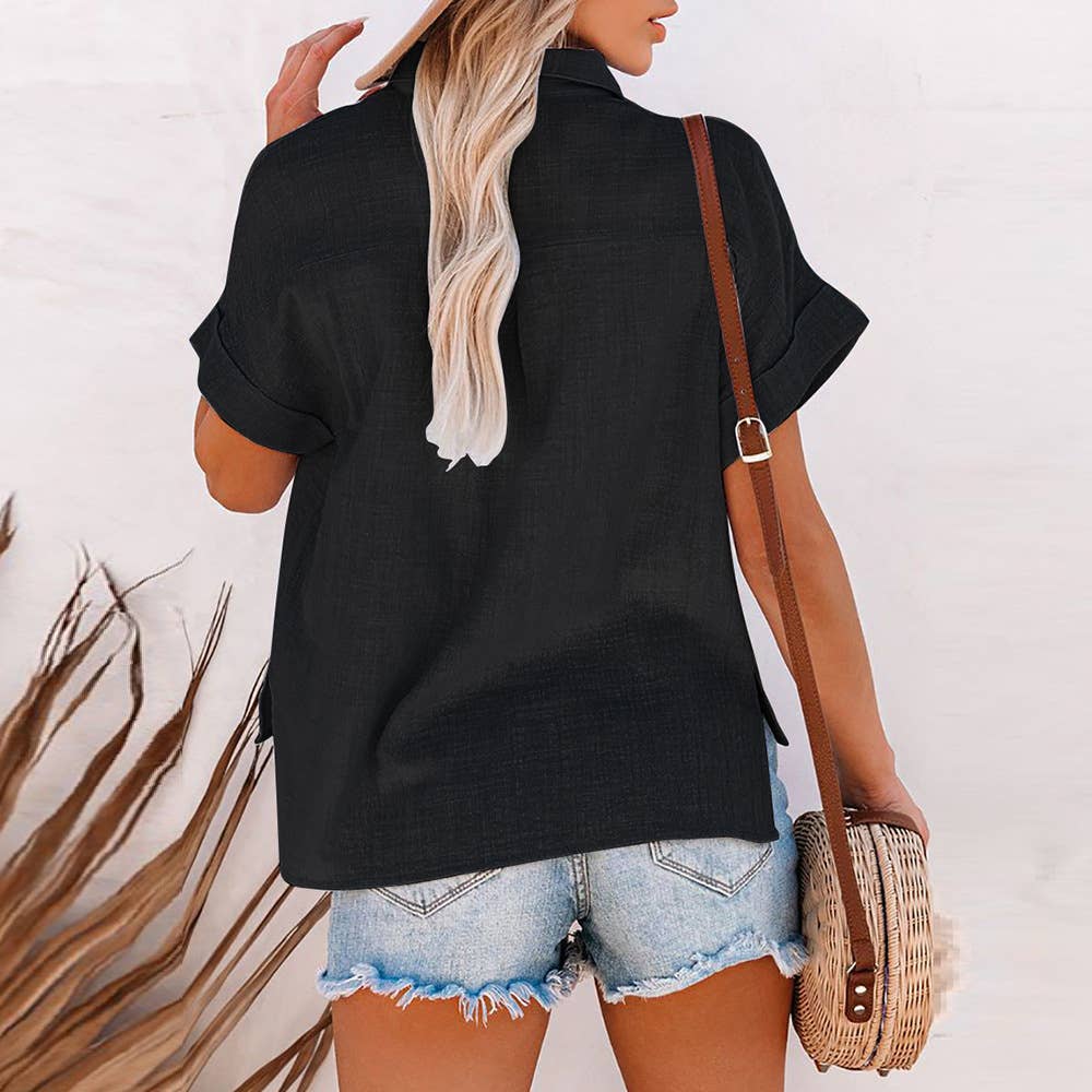 Lapel solid color casual cotton linen shirt