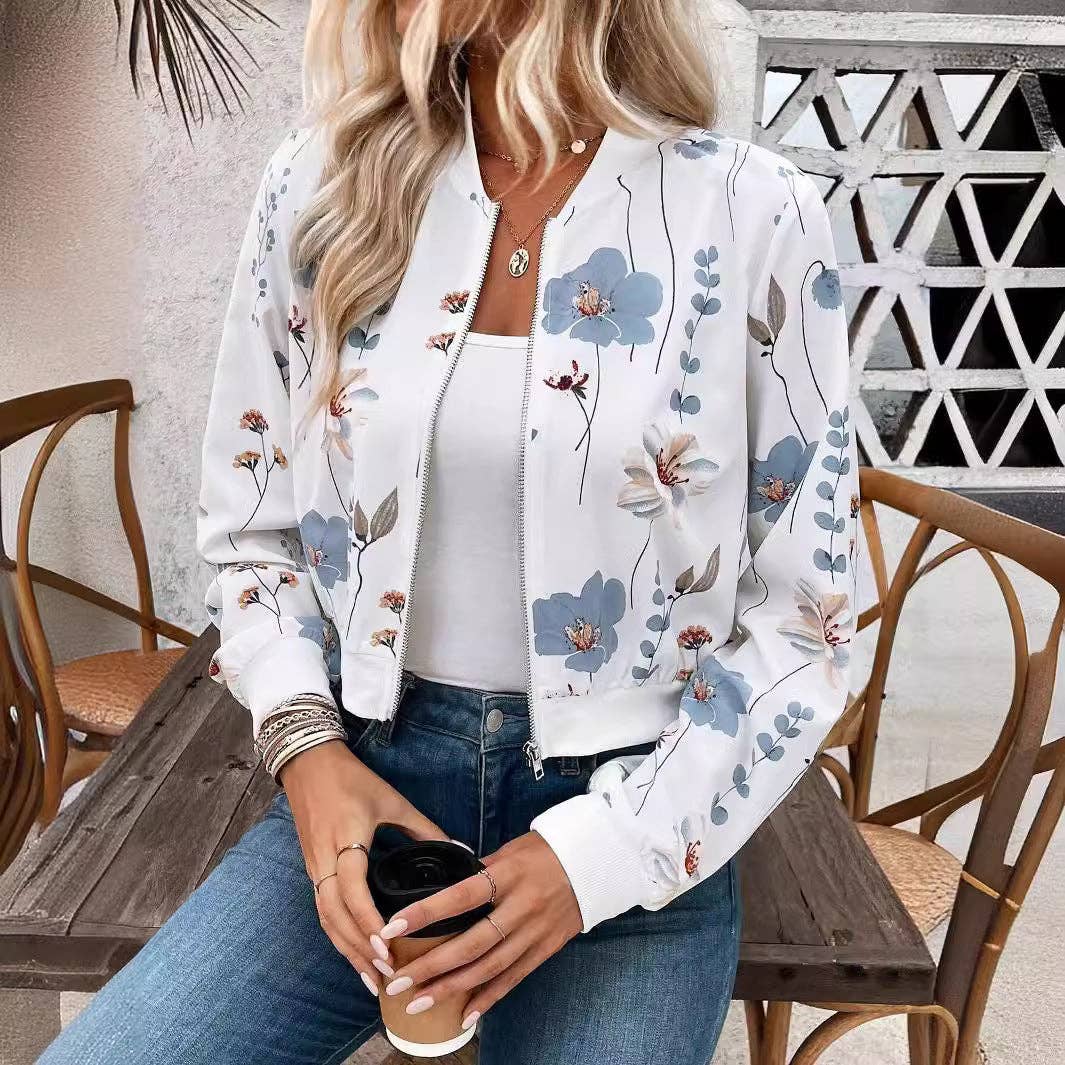 Floral Zip Up Bomber Jacket with Ribbed Trim