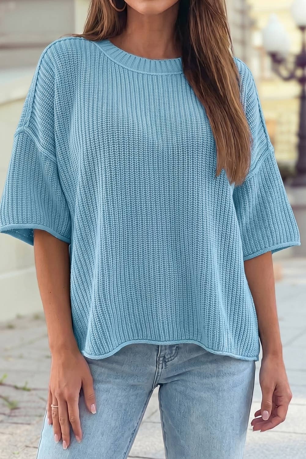 Exposed Seam Detail Half Sleeve Loose Sweater