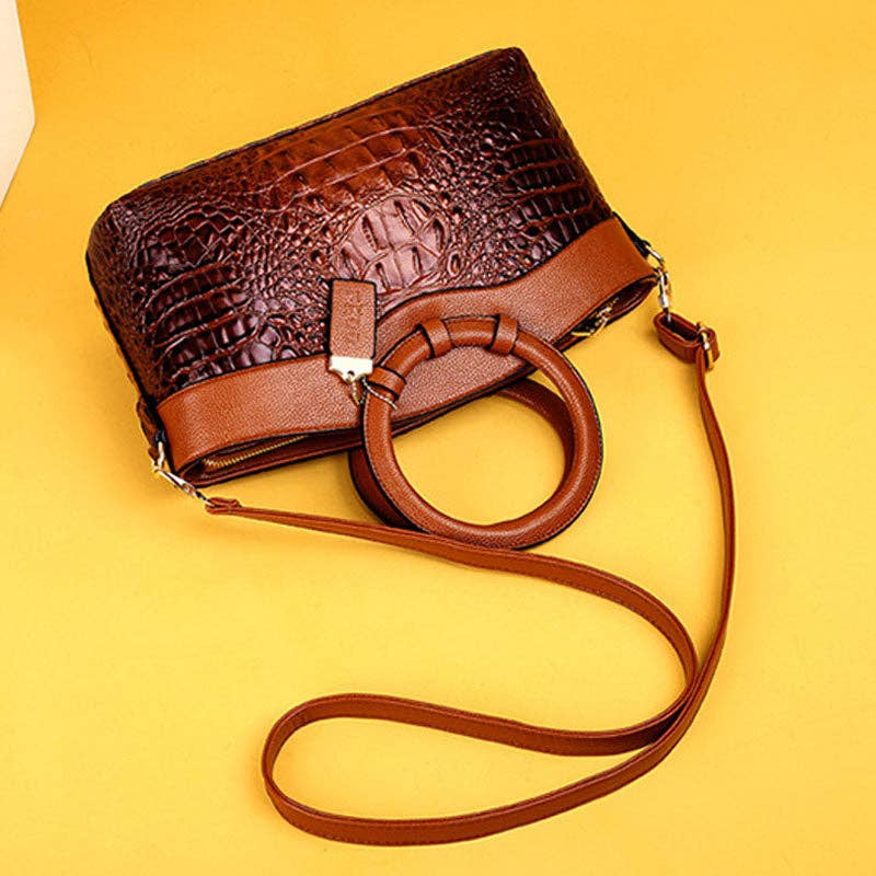 Vintage Round Top Handle Crocodile Pattern Tote Bag 8PU6BBG32