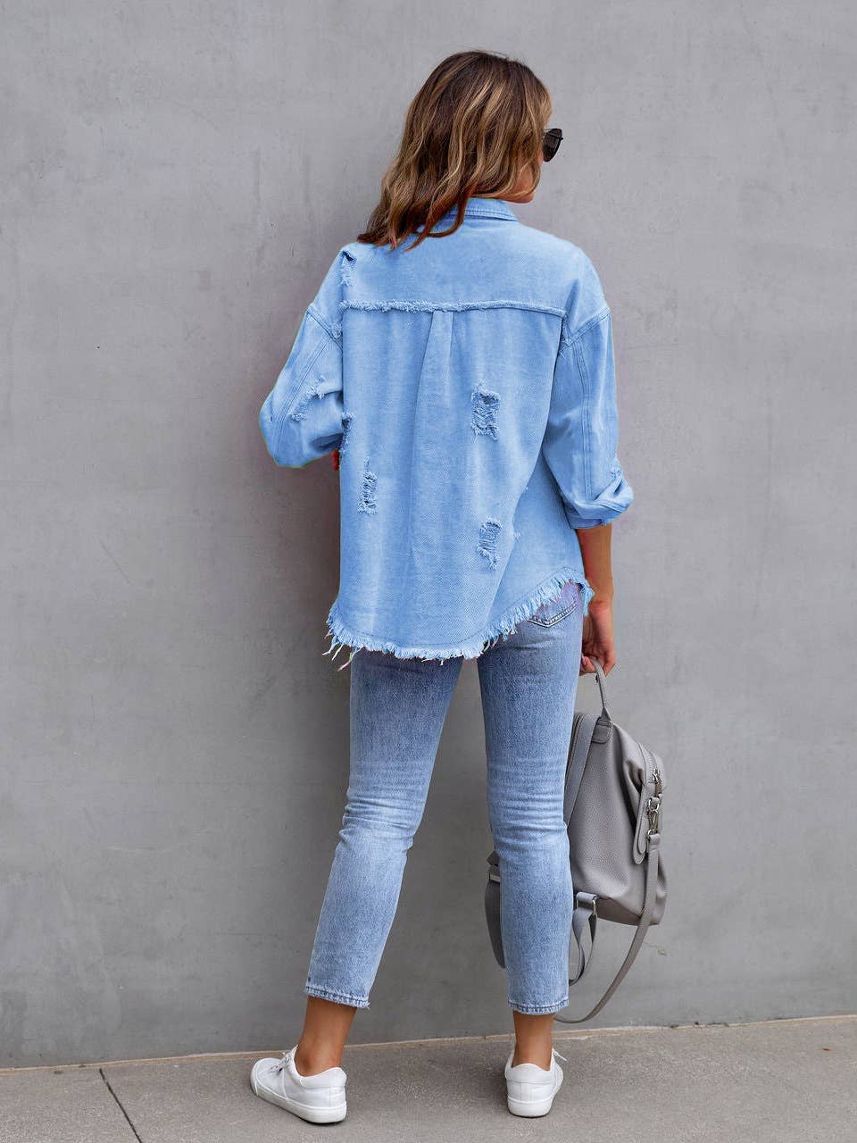 Ripped Long-Sleeved Denim Jacket