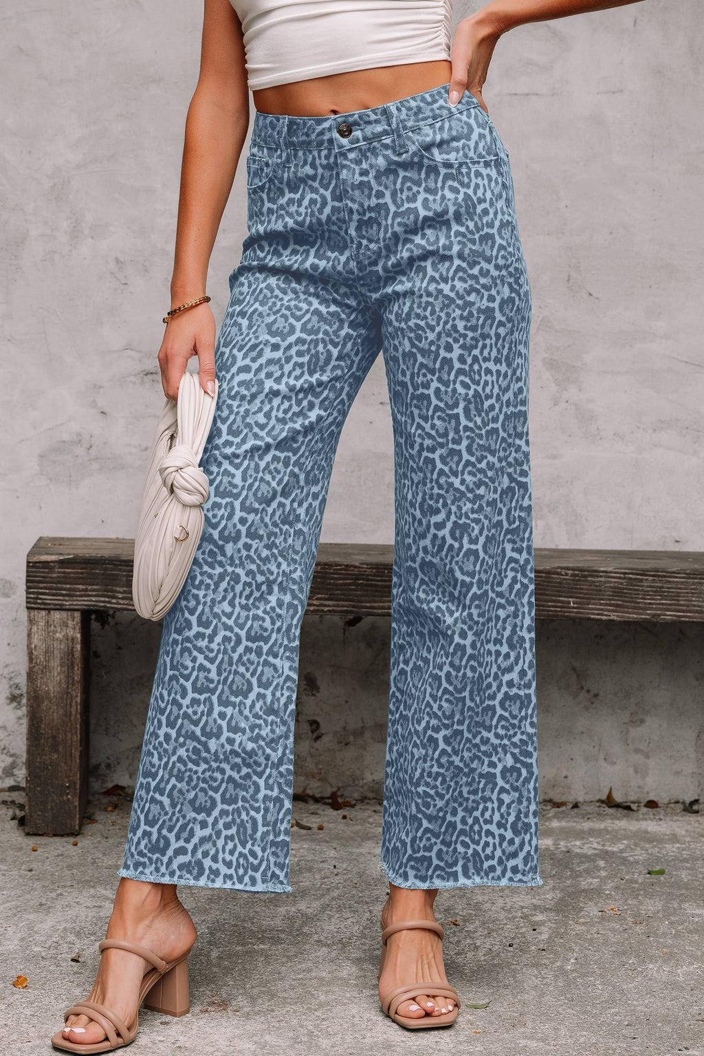 Leopard /Polka Dot Frayed Edge Wide Leg High Waist Jeans