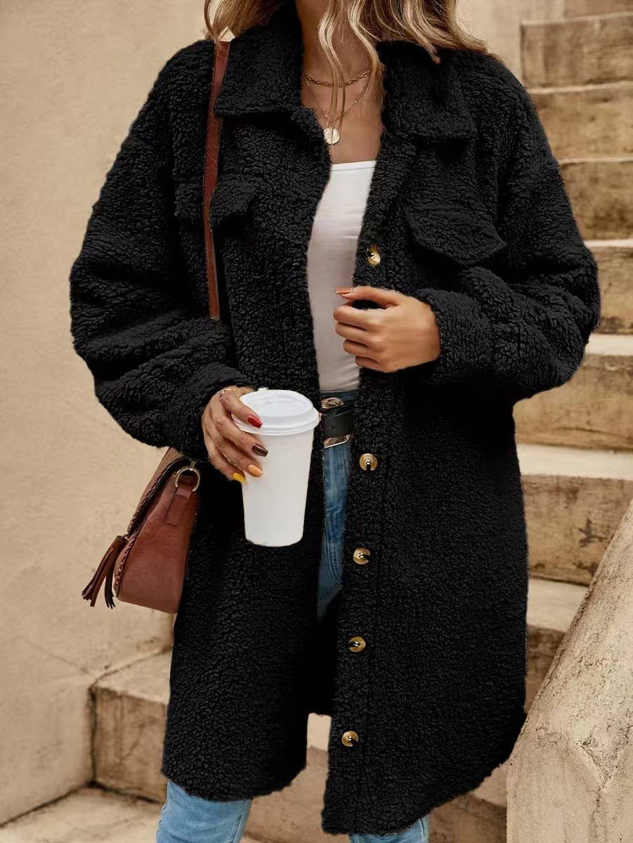 Women's Fleece Button-Front Cardigan Jacket with Pockets