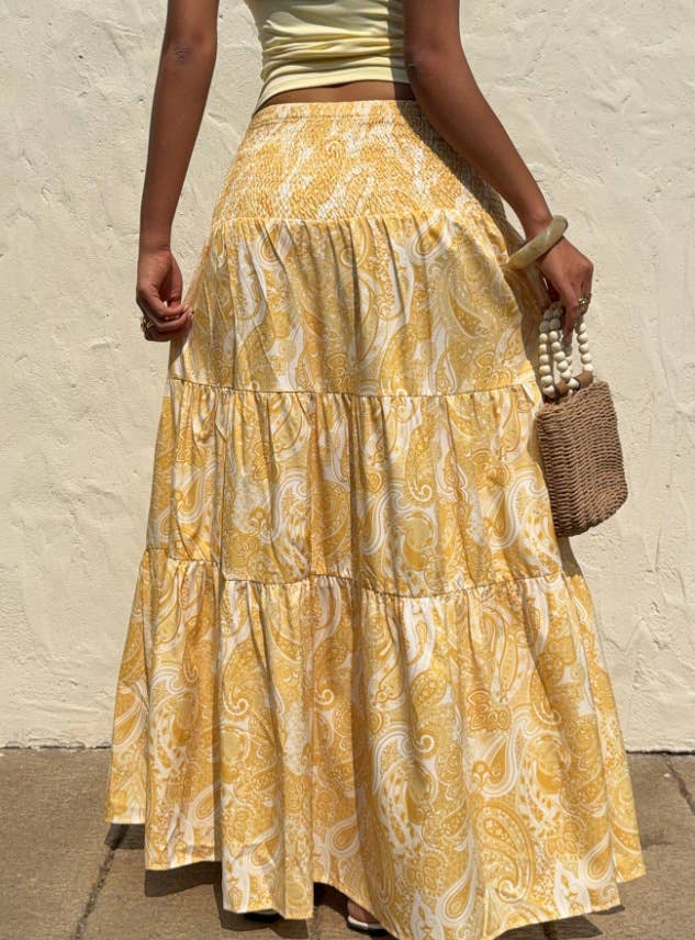 Beach Boho Floral Paisley Smocked Waistband Maxi Skirt