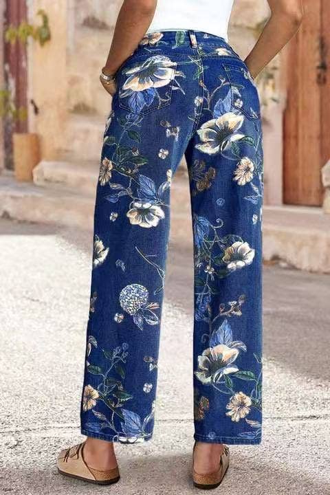 Floral printed blue jeans Straight Leg Long Pants