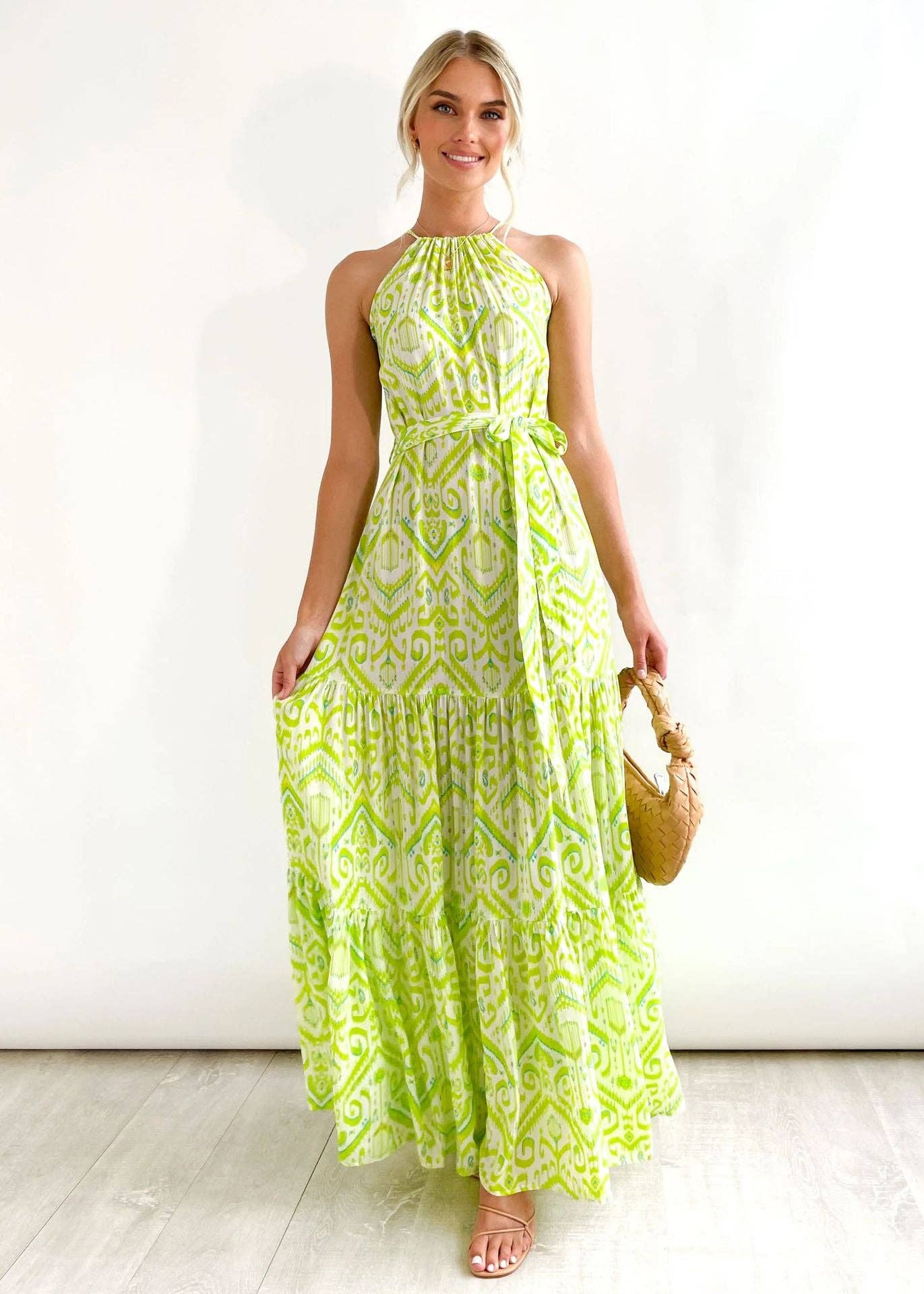 Women High Waist Beach Print Halter Dress