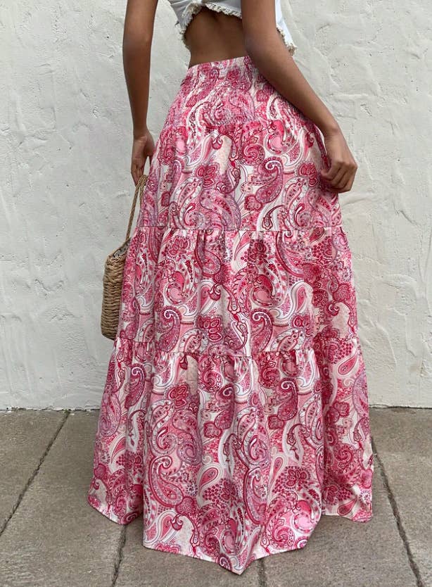 Beach Boho Floral Paisley Smocked Waistband Maxi Skirt